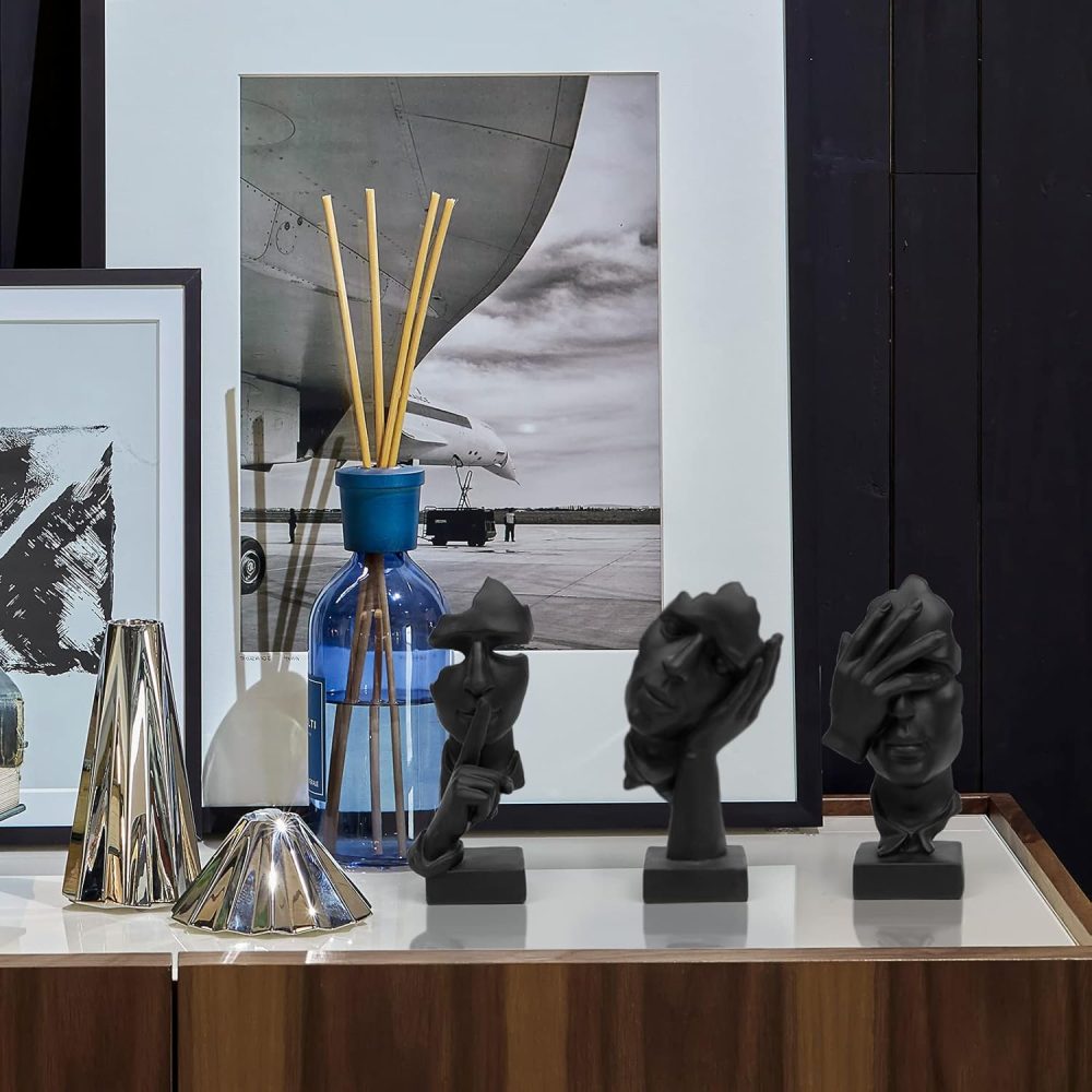 3 Pcs Thinker Statue, Silence is Gold Abstract Art Figurine, No Hear No See No Speak Modern Home Resin Sculptures Decorative Objects Decor for Home Office Bookshelf Desktop(Black) (A-41) - Image 3