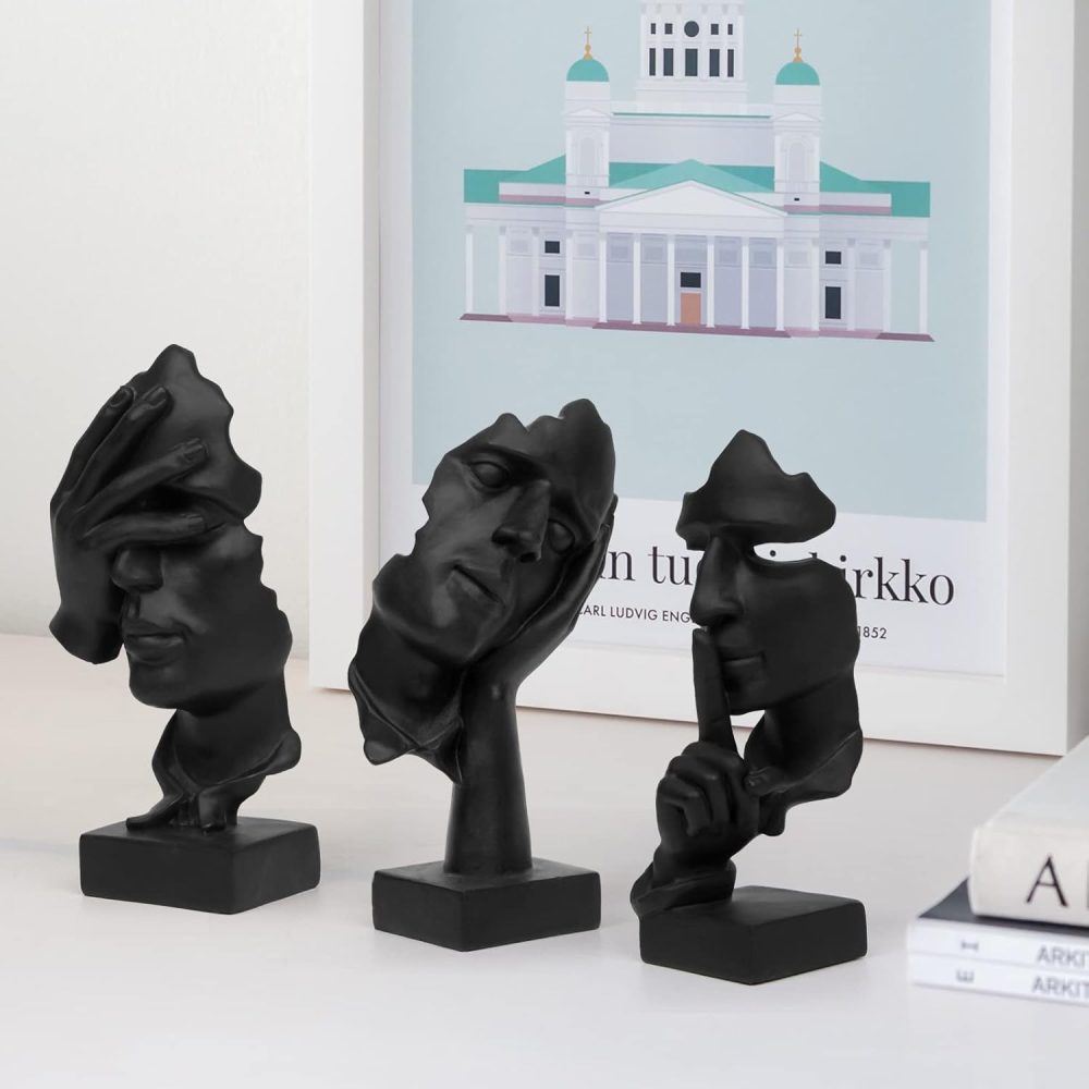 3 Pcs Thinker Statue, Silence is Gold Abstract Art Figurine, No Hear No See No Speak Modern Home Resin Sculptures Decorative Objects Decor for Home Office Bookshelf Desktop(Black) (A-41) - Image 4