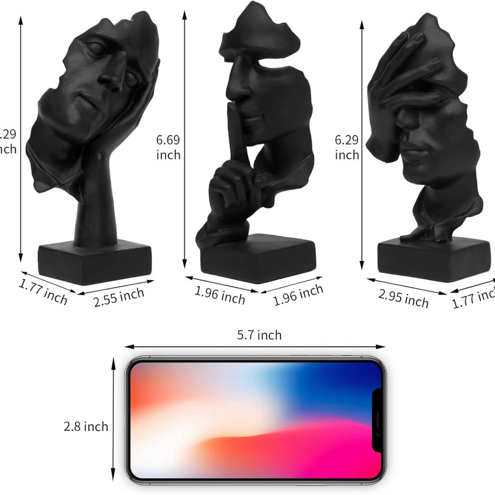 3 Pcs Thinker Statue, Silence is Gold Abstract Art Figurine, No Hear No See No Speak Modern Home Resin Sculptures Decorative Objects Decor for Home Office Bookshelf Desktop(Black) (A-41) - Image 5