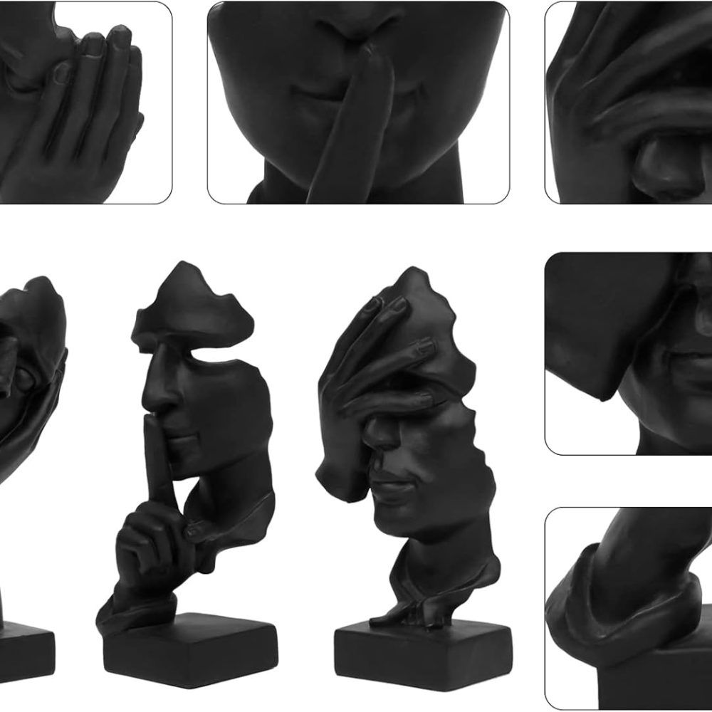 3 Pcs Thinker Statue, Silence is Gold Abstract Art Figurine, No Hear No See No Speak Modern Home Resin Sculptures Decorative Objects Decor for Home Office Bookshelf Desktop(Black) (A-41) - Image 6