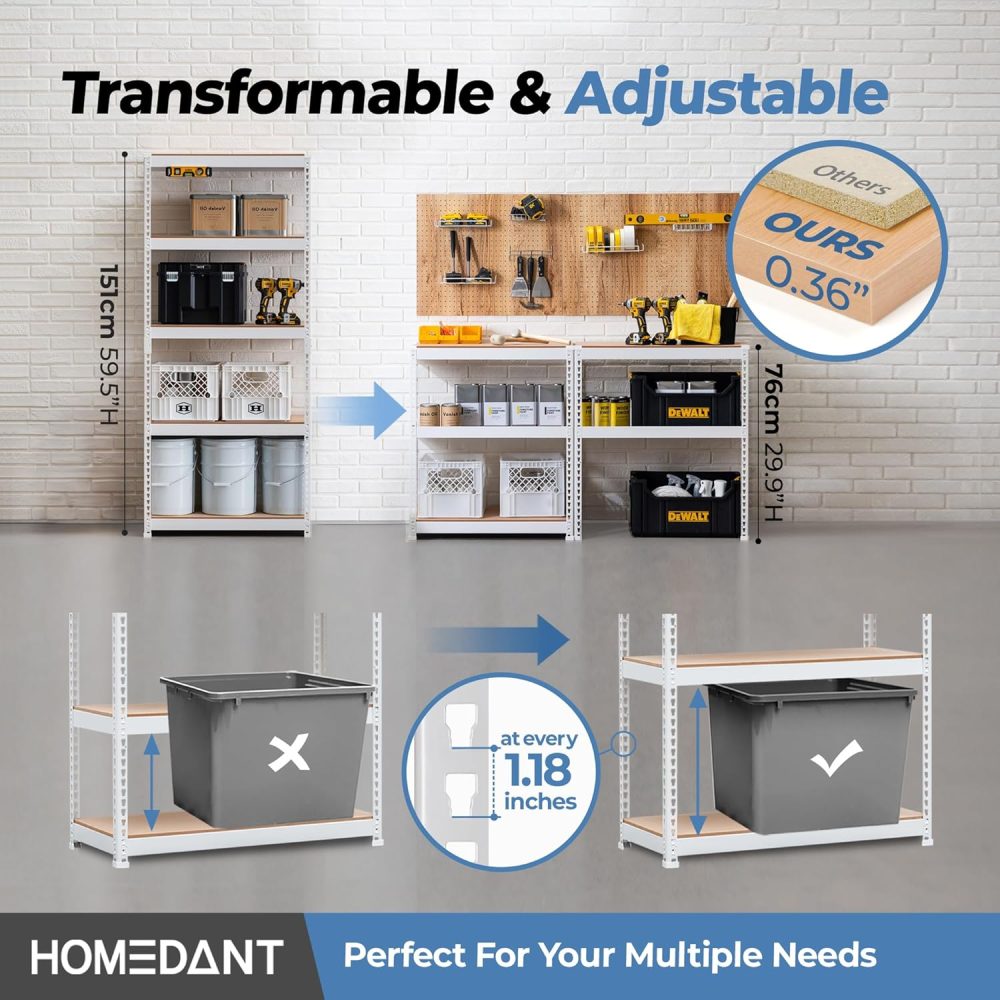 HOMEDANT 5 Tier Laminated White Boltless Metal Shelving Unit Adjustable Garage Storage Utility Rack Heavy Duty Shelves Organization Multipurpose Shelf Warehouse Pantry 28" W x 12.3" D x 59.5" H 1Pack - Image 3