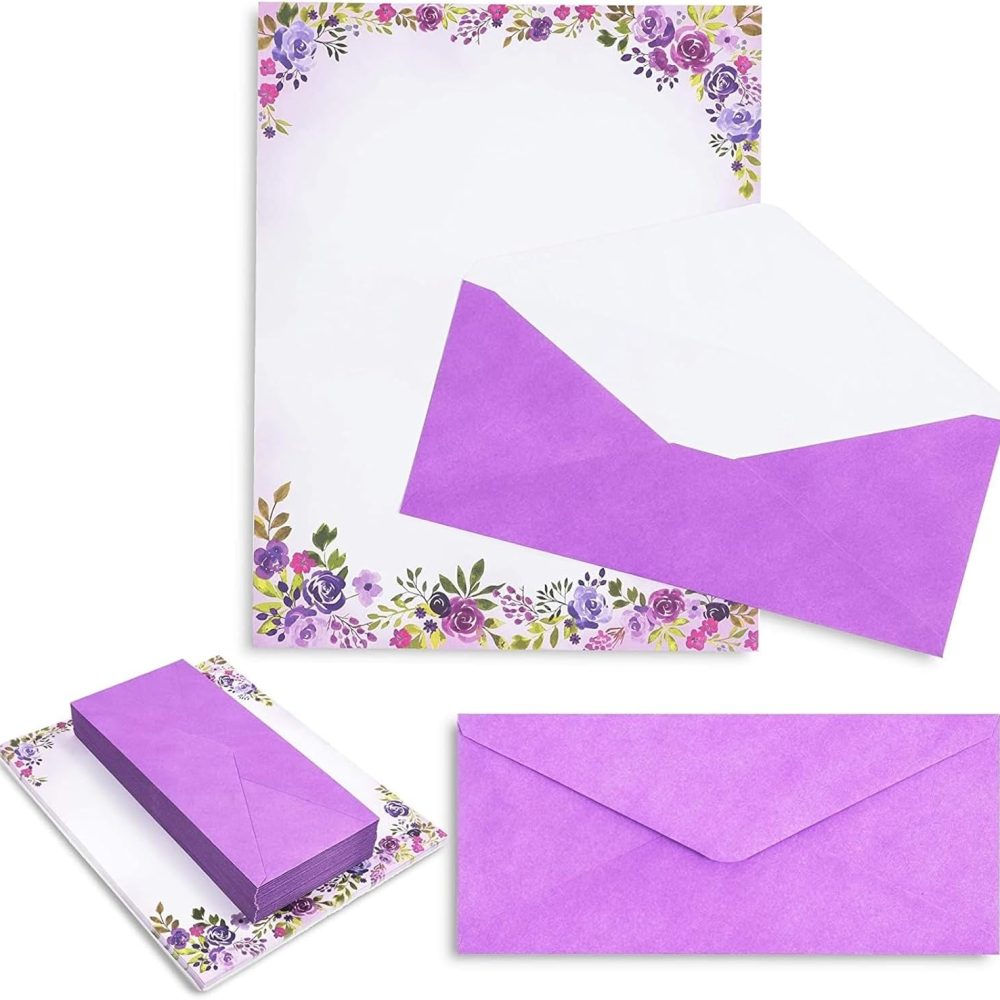 Purple Watercolor Floral Stationery Paper and Envelopes Set (8.5 x 11 In, 48 Pack) - Stationary Letter and Envelopes