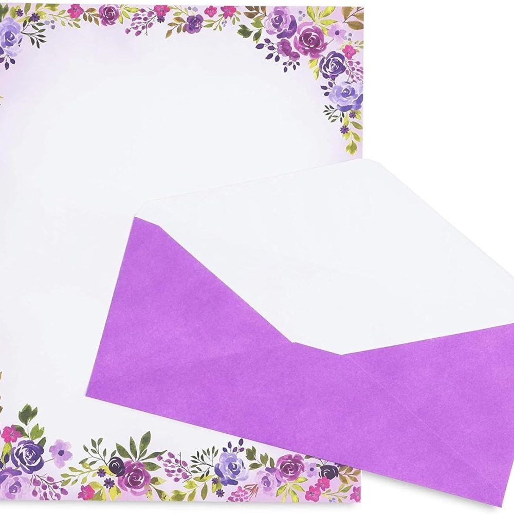 Purple Watercolor Floral Stationery Paper and Envelopes Set (8.5 x 11 In, 48 Pack) - Stationary Letter and Envelopes - Image 7