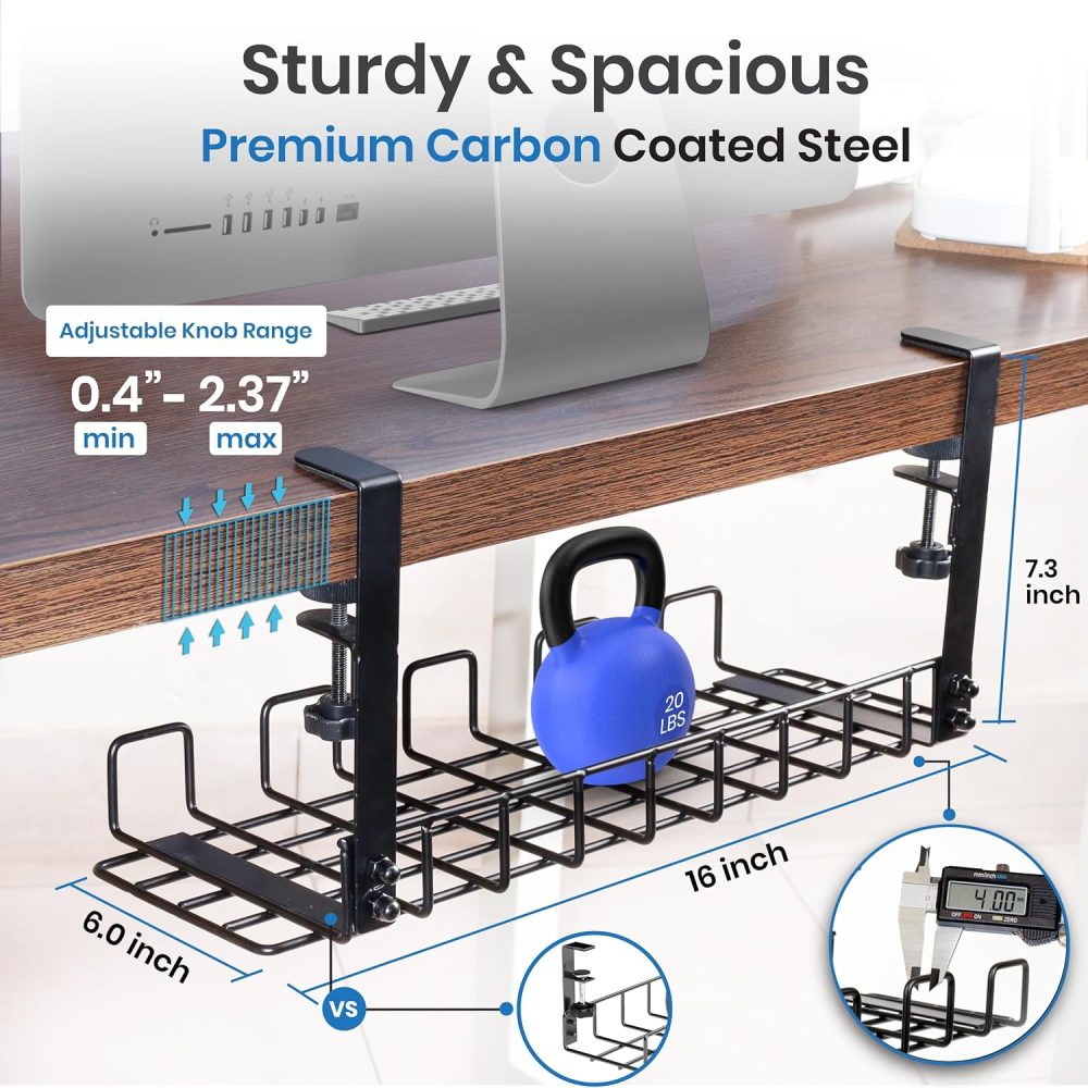 Under Desk Cable Management Tray, 16” No Drill Cord Organizer with Clamps for Wire Management, 4mm Sturdy Wire Desk Cable Organizer Tray, Cable Management Rack for Office - Image 3