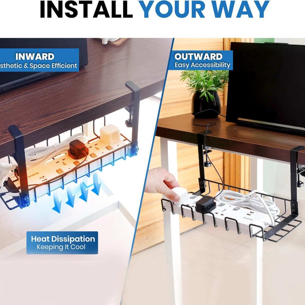 Under Desk Cable Management Tray, 16” No Drill Cord Organizer with Clamps for Wire Management, 4mm Sturdy Wire Desk Cable Organizer Tray, Cable Management Rack for Office - Image 4