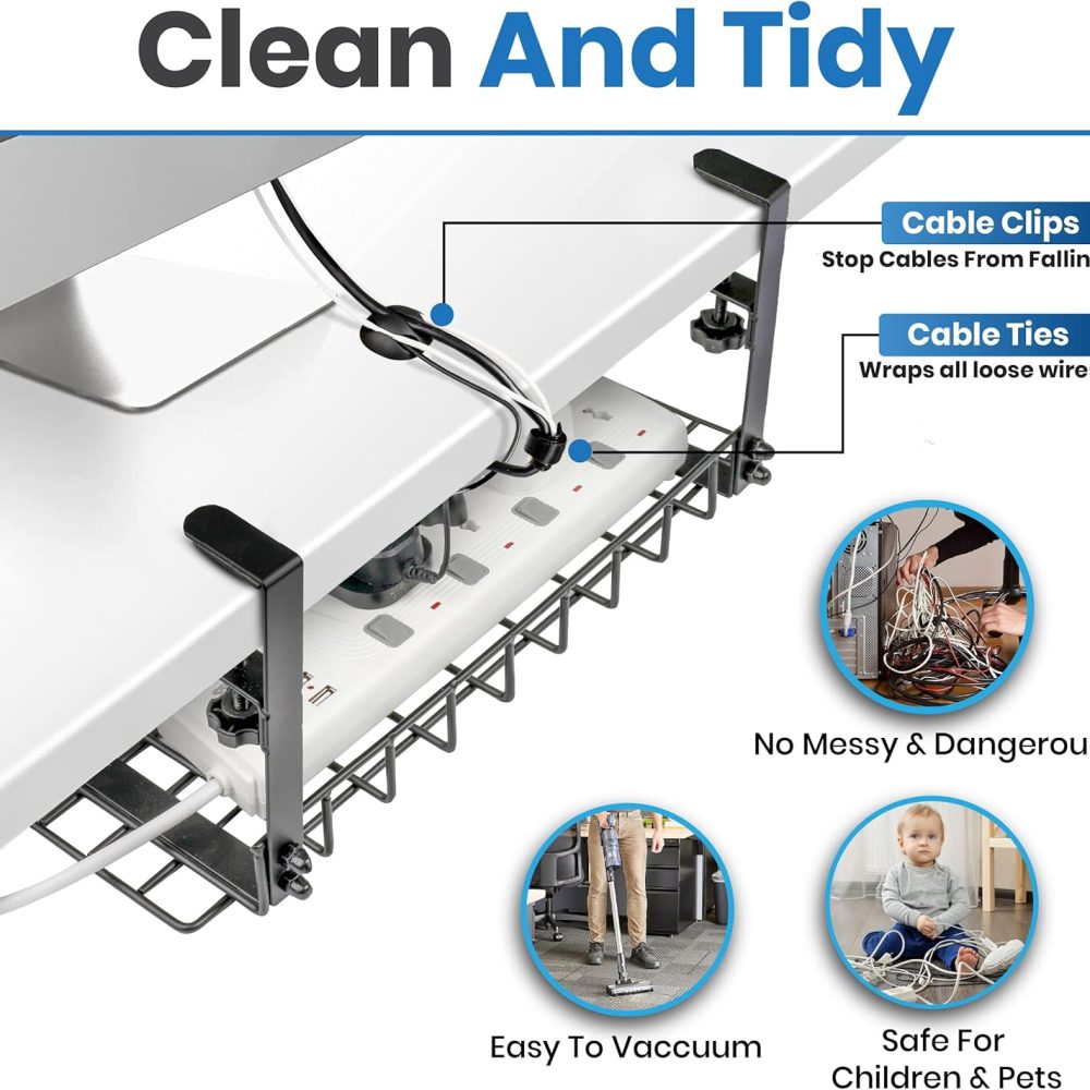 Under Desk Cable Management Tray, 16” No Drill Cord Organizer with Clamps for Wire Management, 4mm Sturdy Wire Desk Cable Organizer Tray, Cable Management Rack for Office - Image 5