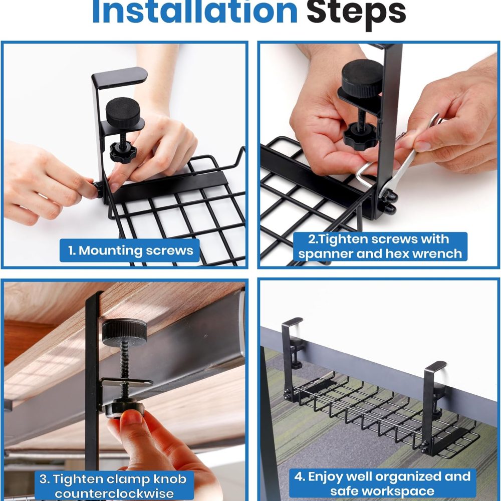 Under Desk Cable Management Tray, 16” No Drill Cord Organizer with Clamps for Wire Management, 4mm Sturdy Wire Desk Cable Organizer Tray, Cable Management Rack for Office - Image 7